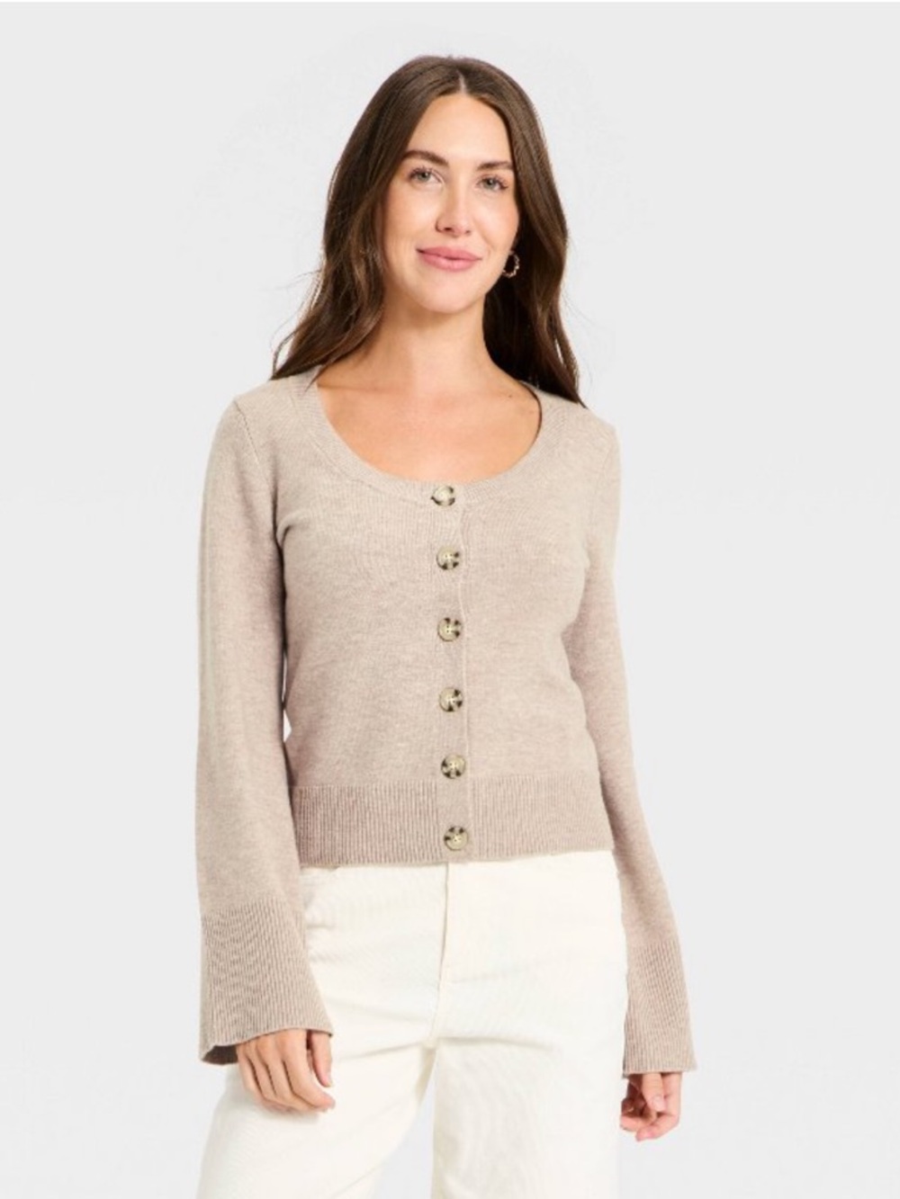 Universal Thread Scoop Neck Button-Front Cardigan in Taupe